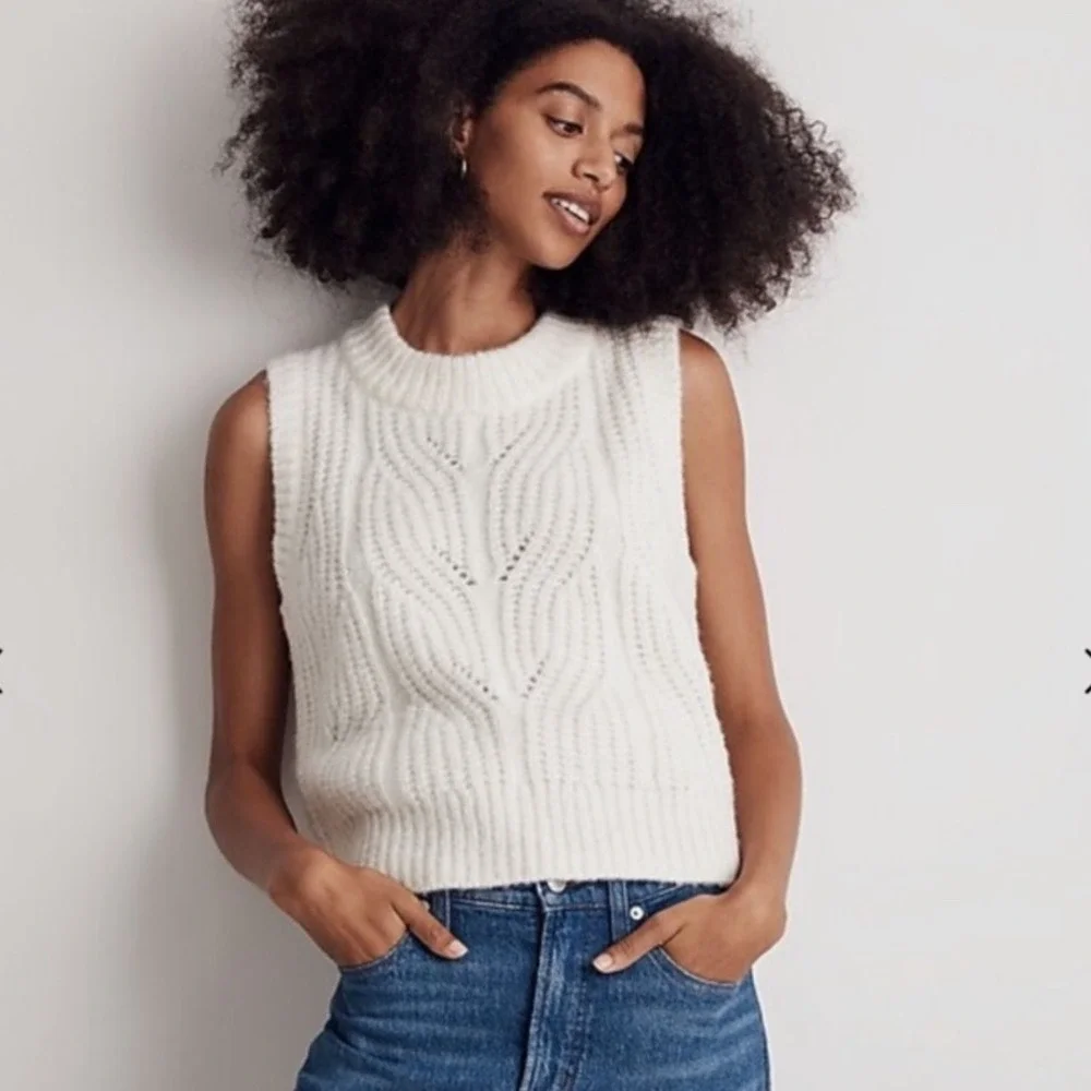 Madewell Womens XXS Cable Knit Sleeveless Sweater Vest Pullover Cream - Picture 2 of 11